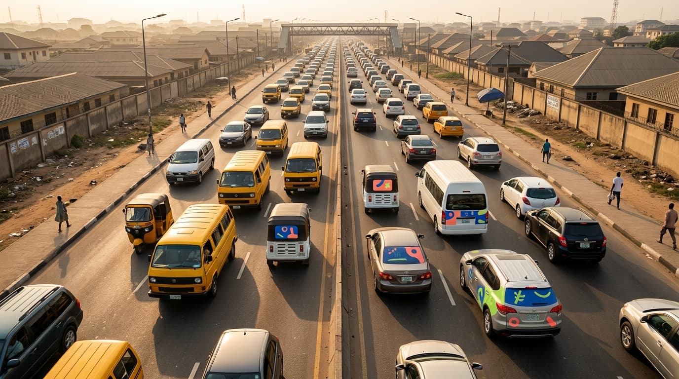 Aerial view of daily commute traffic in a Nigerian city, with branded cars, keke, and buses among the danfos